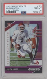 Jalen Hurts from the 2020 Panini Prizm Draft Picks set featuring a Purple Prizm parallel graded by PSA and given an overall grade of 10.