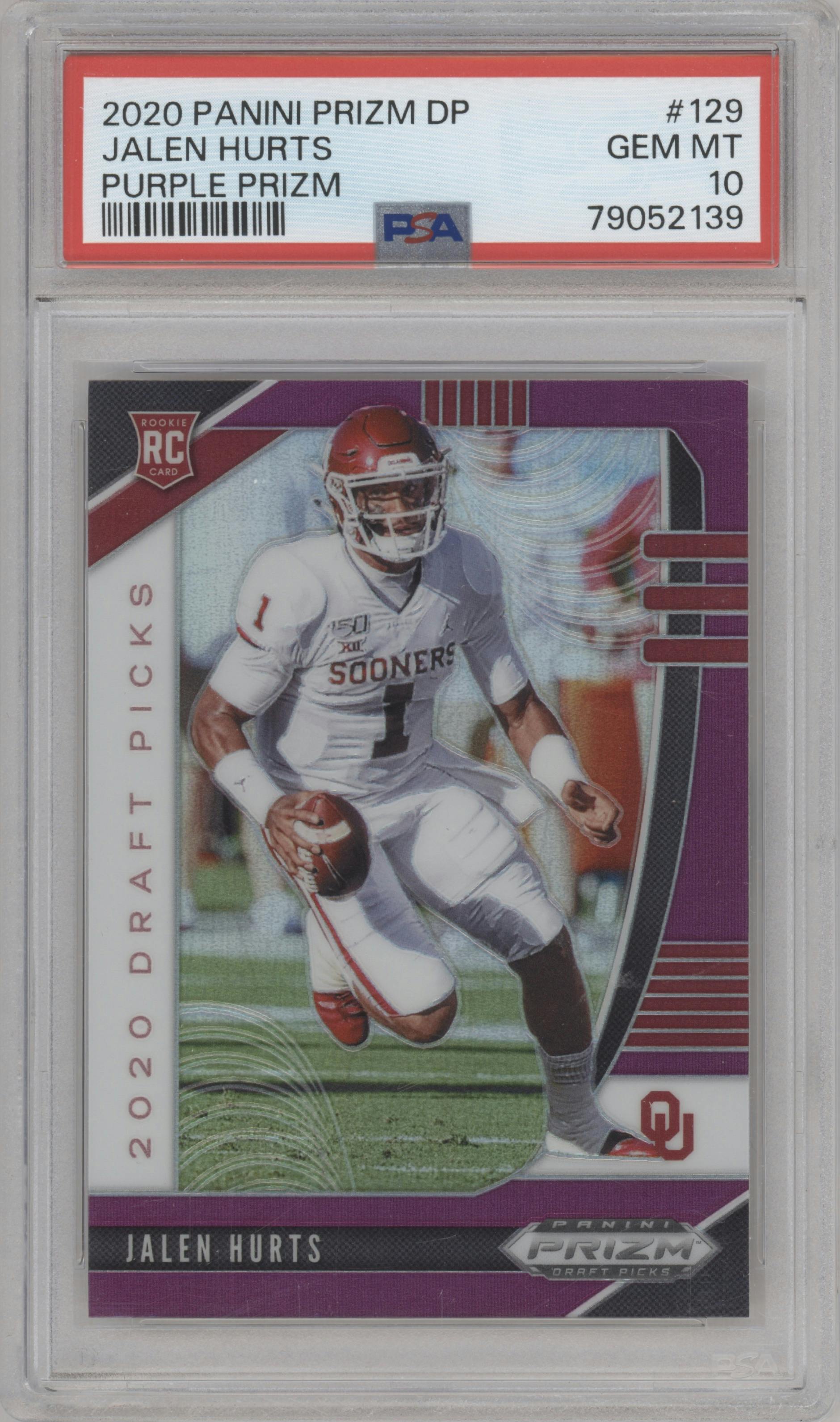 Jalen Hurts from the 2020 Panini Prizm Draft Picks set featuring a Purple Prizm parallel graded by PSA and given an overall grade of 10.