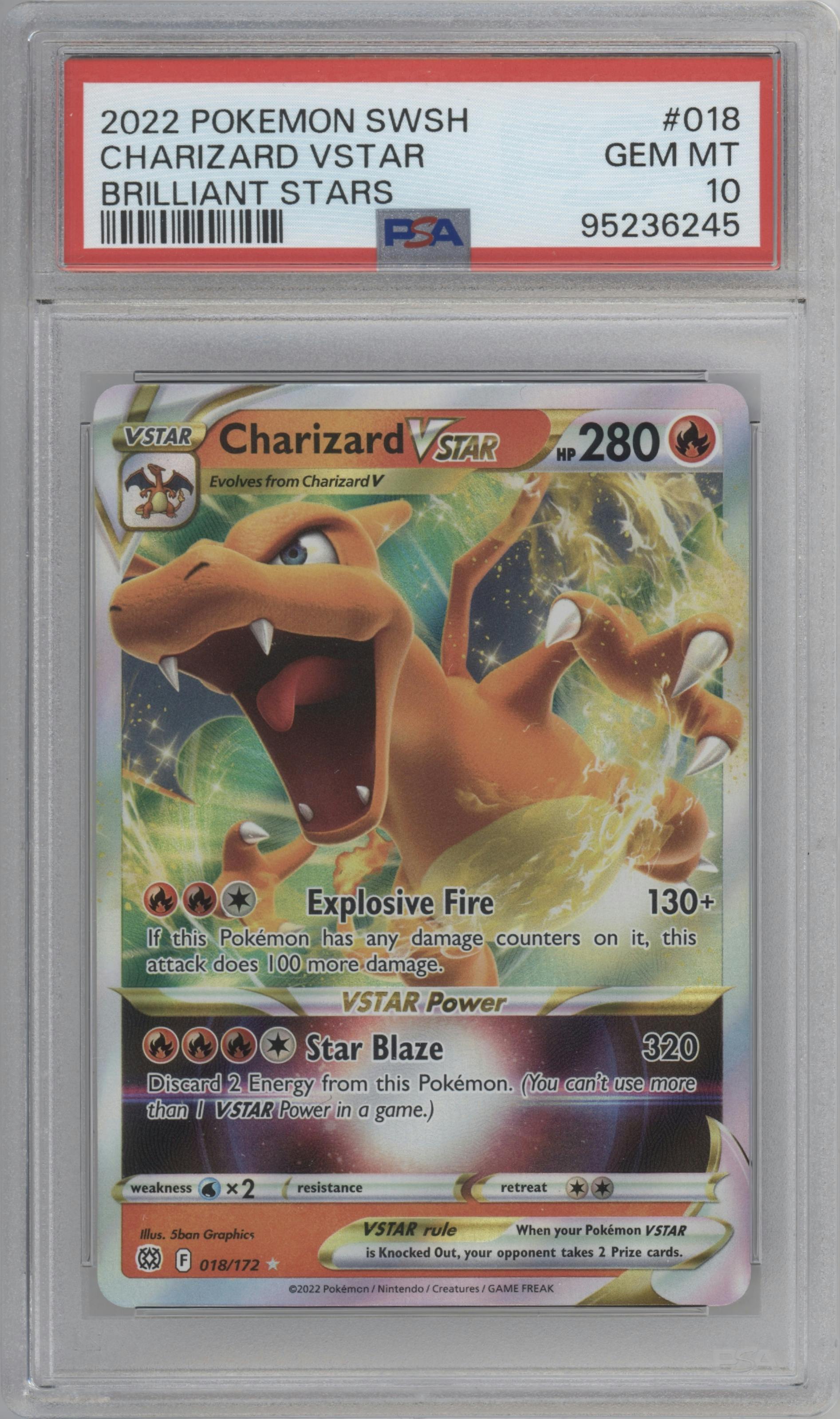 Charizard VSTAR from the 2022 Pokemon SWSH set graded by PSA and given an overall grade of 10.