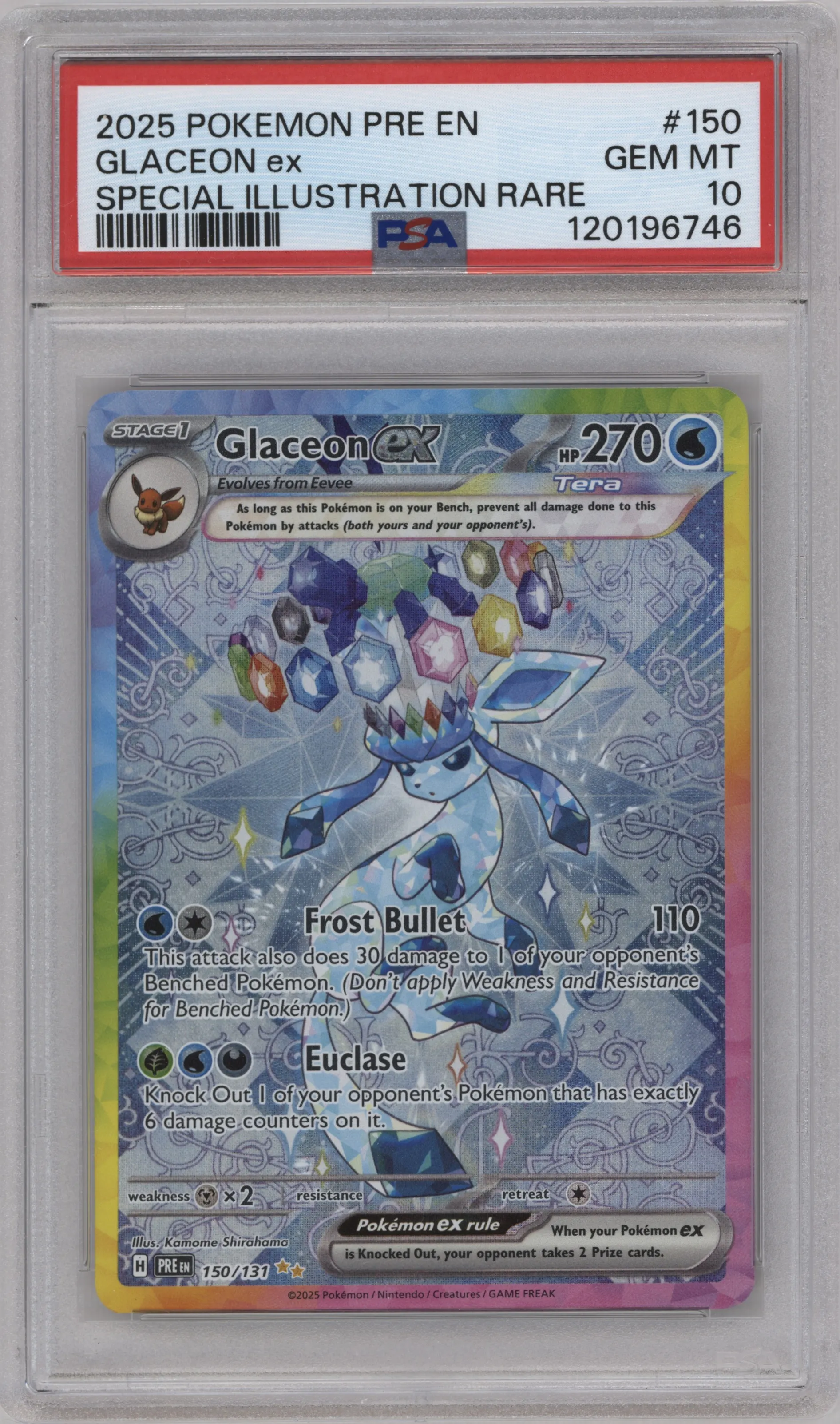 Glaceon ex from the 2025 Pokemon SV set graded by PSA and given an overall grade of 10.
