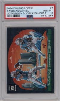 Tua Tagovailoa/Tyreek Hill from the 2024 Donruss Optic set featuring a Black Pandora parallel graded by PSA and given an overall grade of 10.