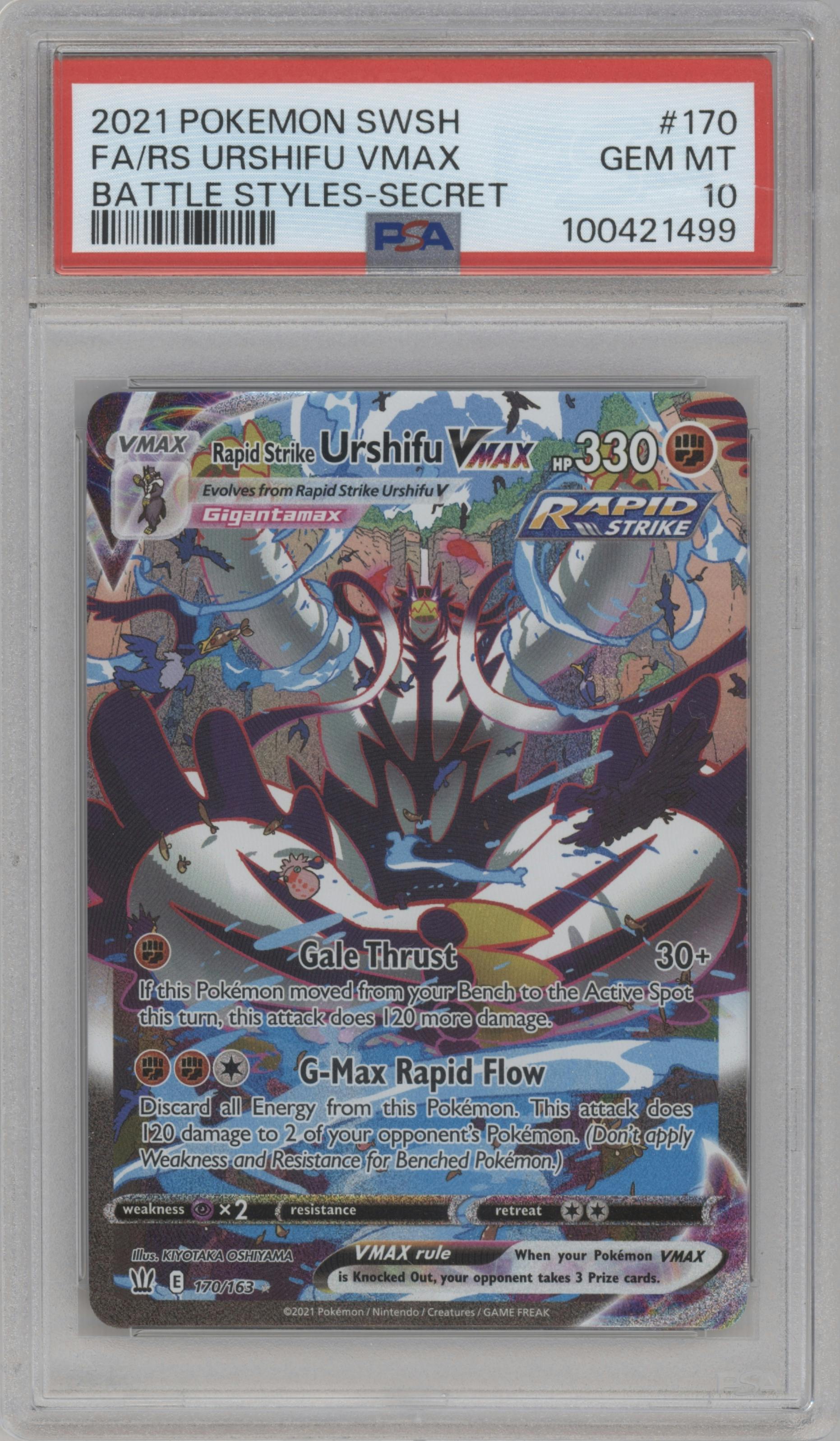 RS Urshifu VMAX from the 2021 Pokemon SWSH set graded by PSA and given an overall grade of 10.