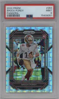 Brock Purdy from the 2022 Panini Prizm set featuring a Pandora parallel graded by PSA and given an overall grade of 9.