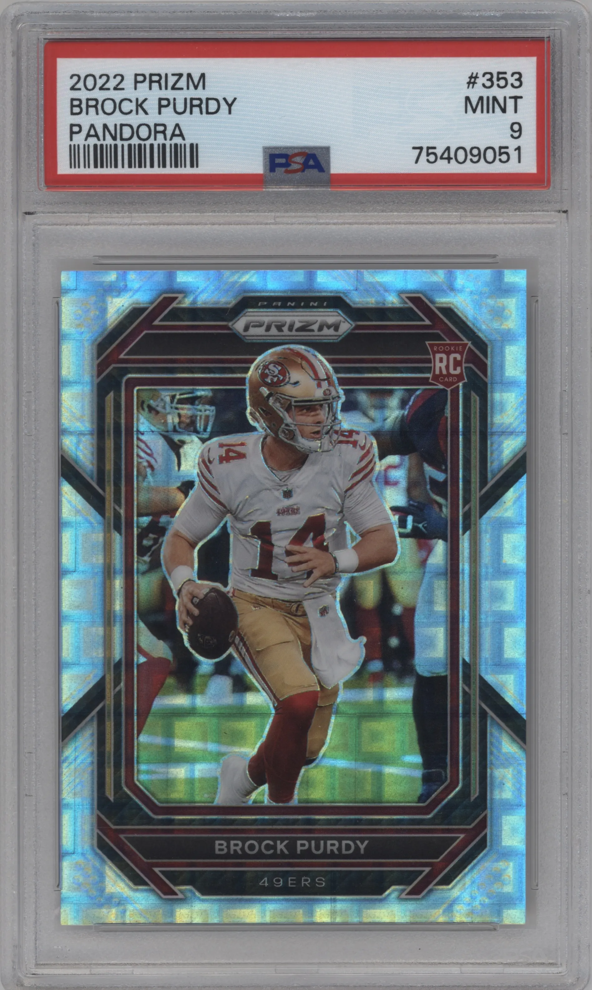 Brock Purdy from the 2022 Panini Prizm set featuring a Pandora parallel graded by PSA and given an overall grade of 9.