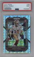 Brock Purdy from the 2022 Panini Prizm set featuring a Pandora parallel graded by PSA and given an overall grade of 9.