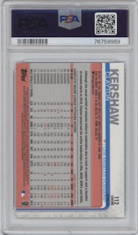 Clayton Kershaw from the 2019 Topps Chrome set featuring a Refractor parallel graded by PSA and given an overall grade of 10.