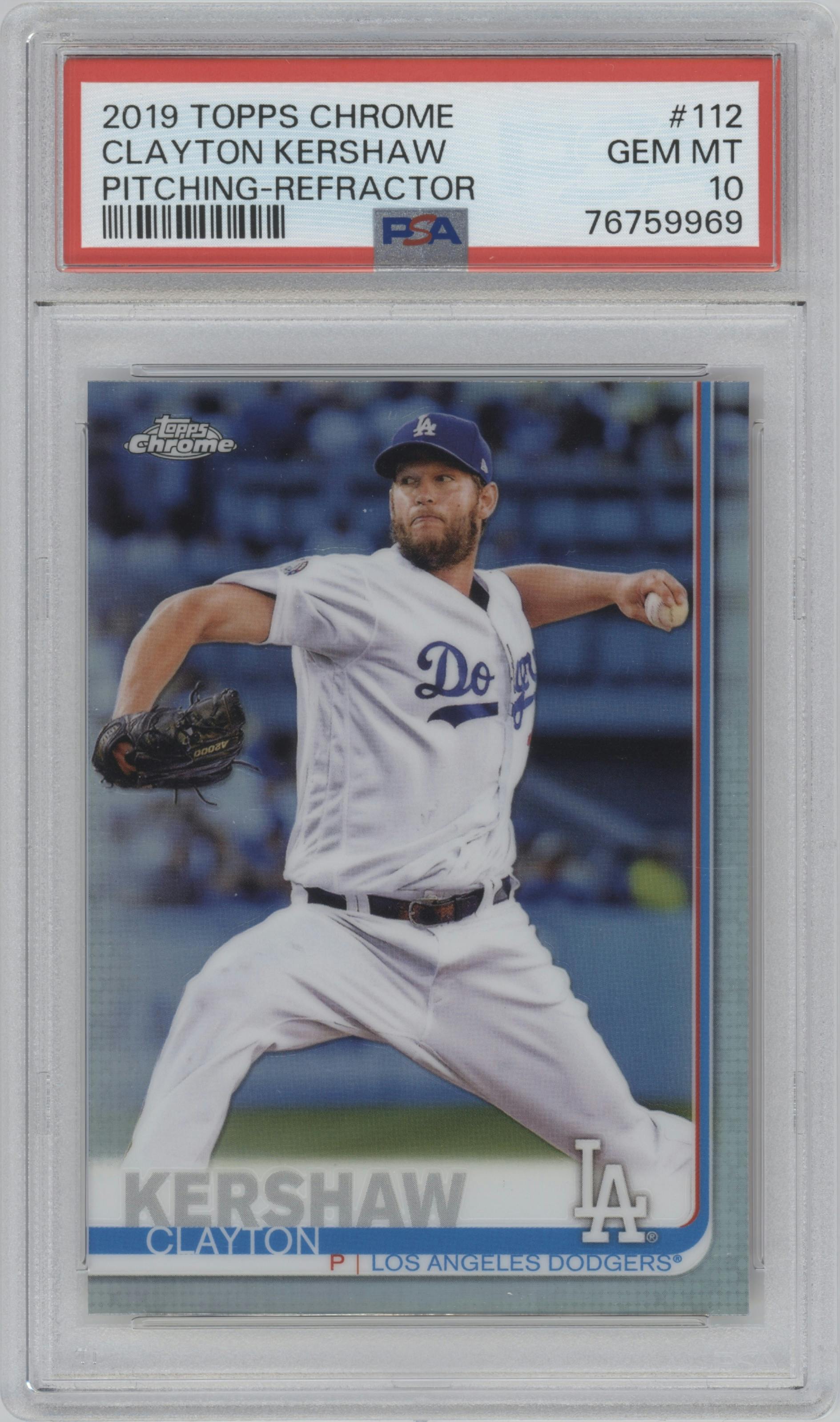 Clayton Kershaw from the 2019 Topps Chrome set featuring a Refractor parallel graded by PSA and given an overall grade of 10.