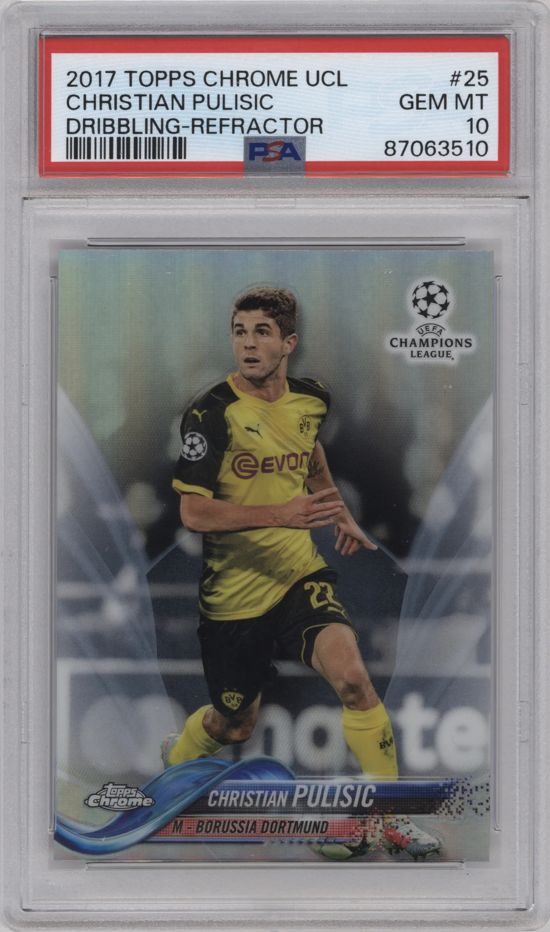 2017 Topps Chrome UEFA Champions League Christian Pulisic Refractor PSA 10
