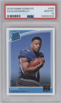 Saquon Barkley from the 2018 Panini Donruss set graded by PSA and given an overall grade of 10.