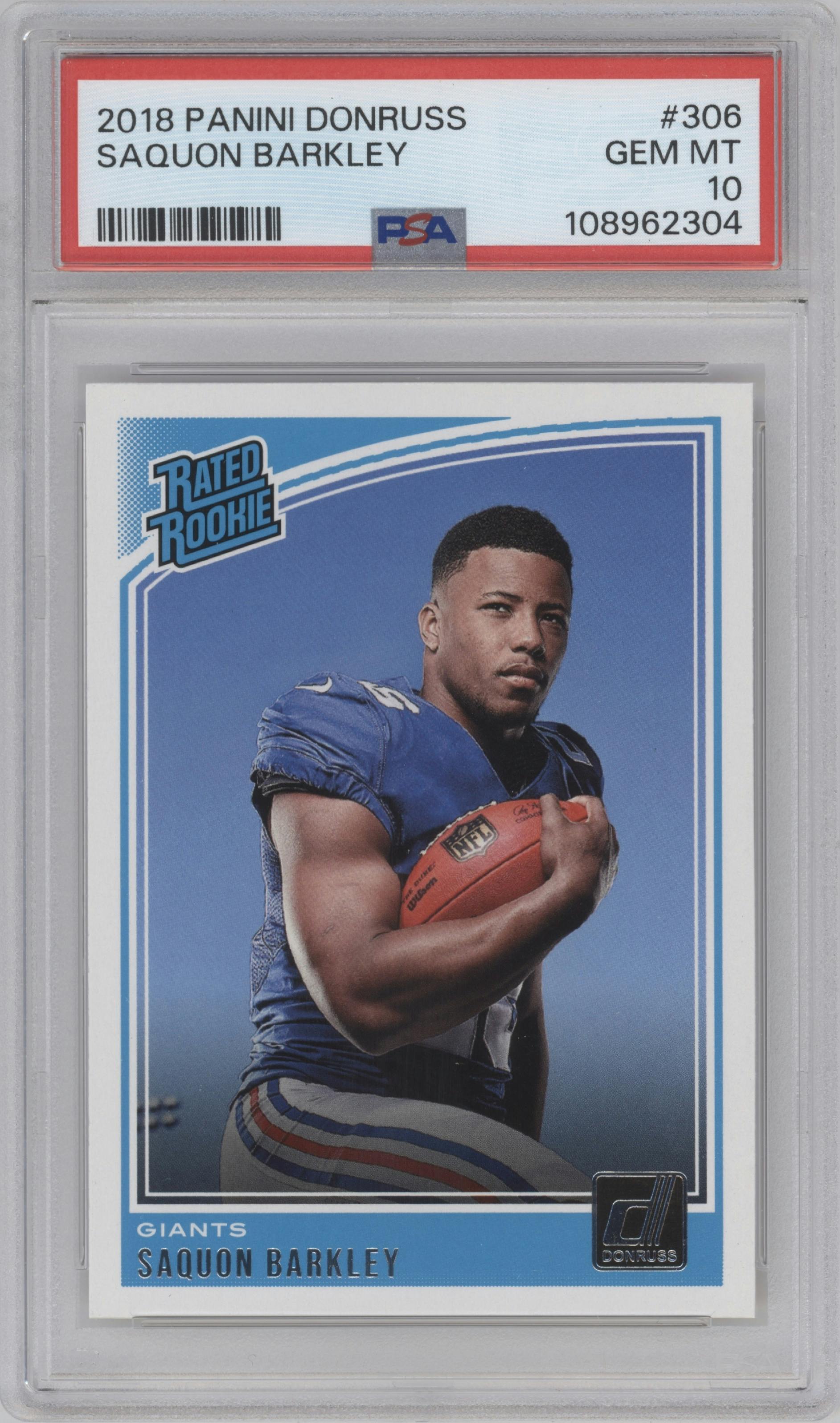 Saquon Barkley from the 2018 Panini Donruss set graded by PSA and given an overall grade of 10.