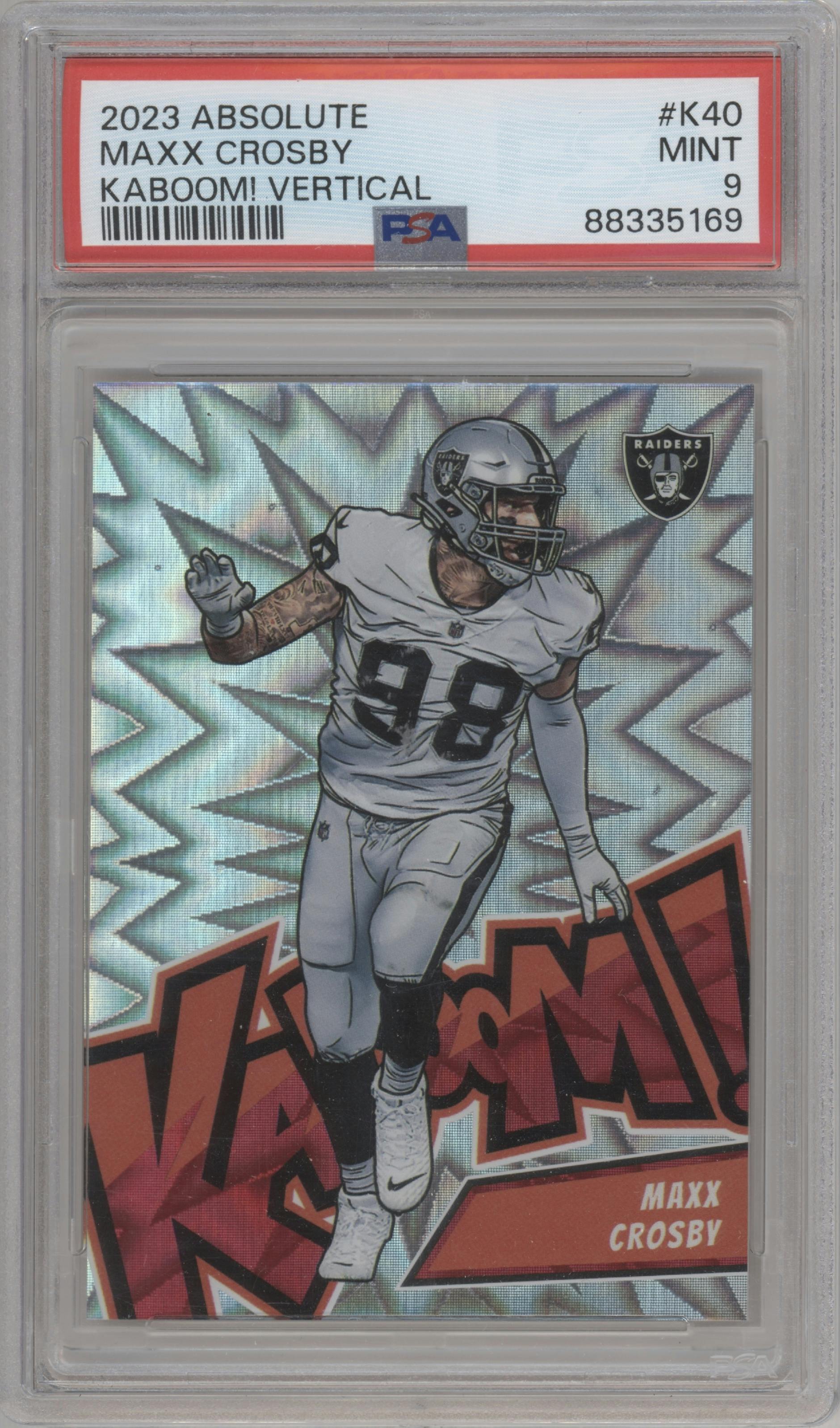 Maxx Crosby from the 2023 Panini Absolute set graded by PSA and given an overall grade of 9.