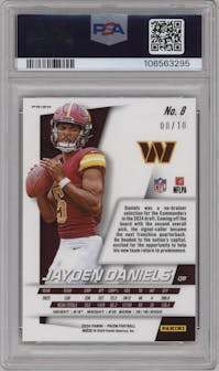 Jayden Daniels from the 2024 Panini Prizm set featuring a Gold Prizm parallel graded by PSA and given an overall grade of 10.