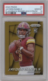 Jayden Daniels from the 2024 Panini Prizm set featuring a Gold Prizm parallel graded by PSA and given an overall grade of 10.
