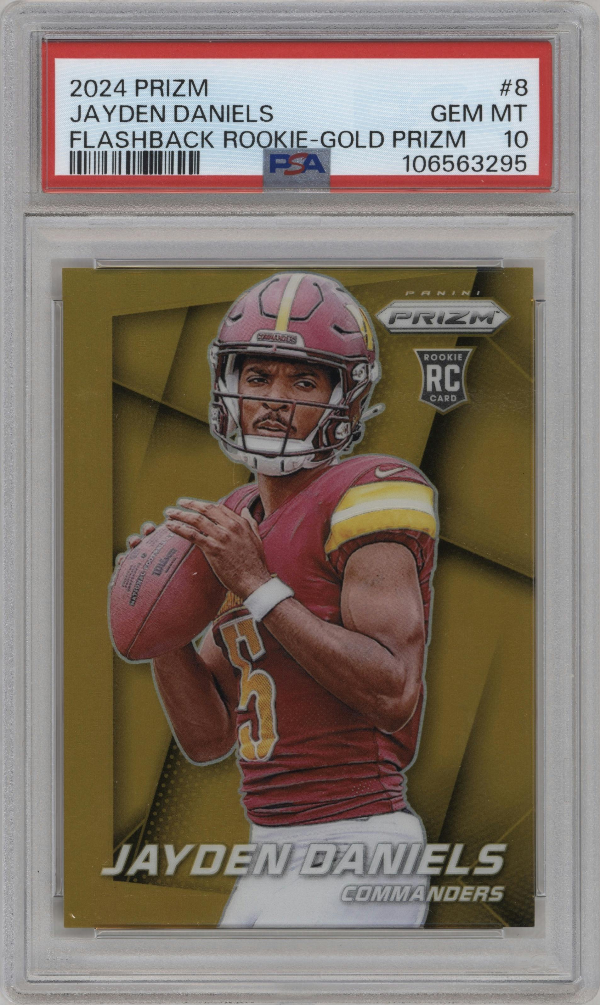 Jayden Daniels from the 2024 Panini Prizm set featuring a Gold Prizm parallel graded by PSA and given an overall grade of 10.