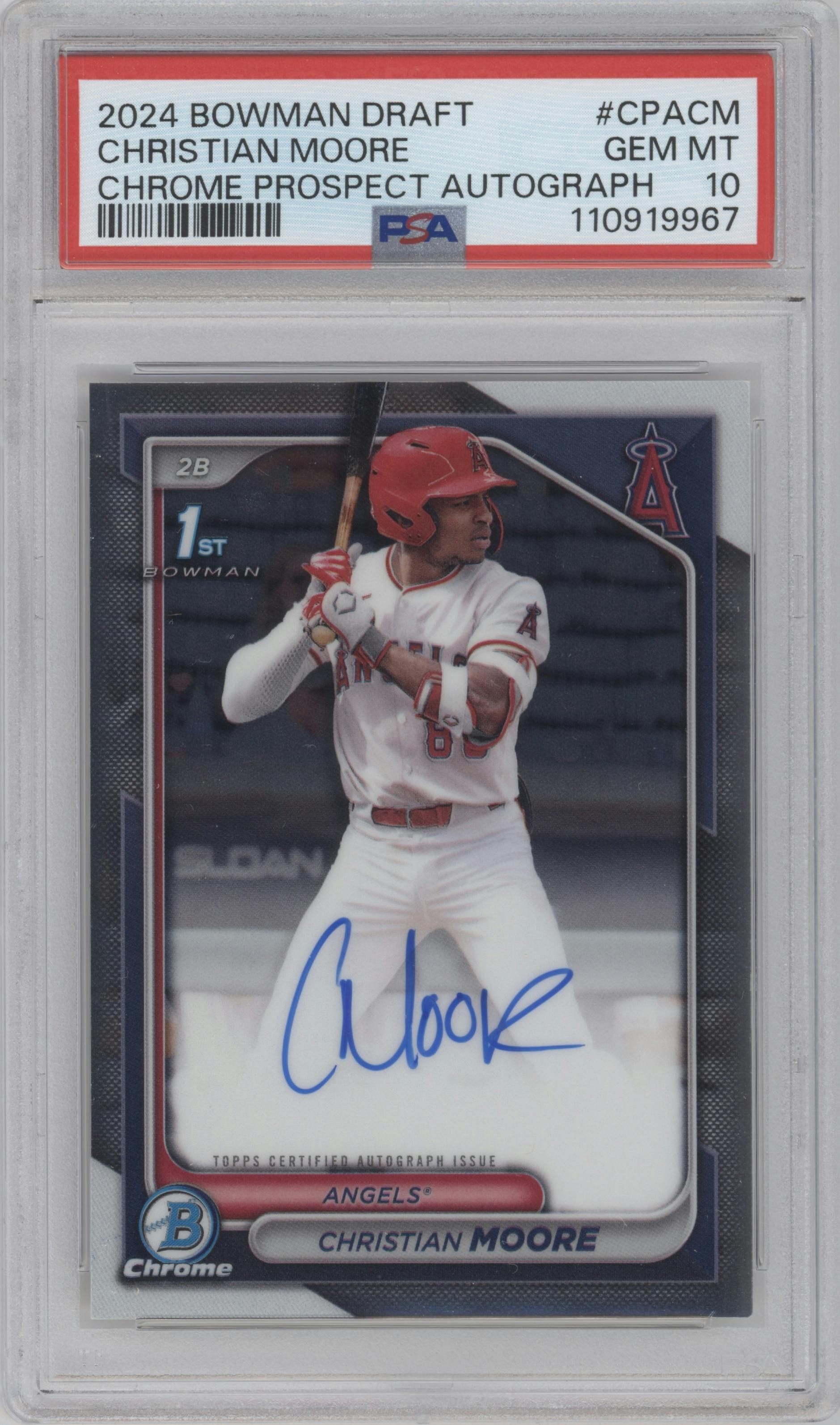 Christian Moore from the 2024 Bowman Draft set graded by PSA and given an overall grade of 10.