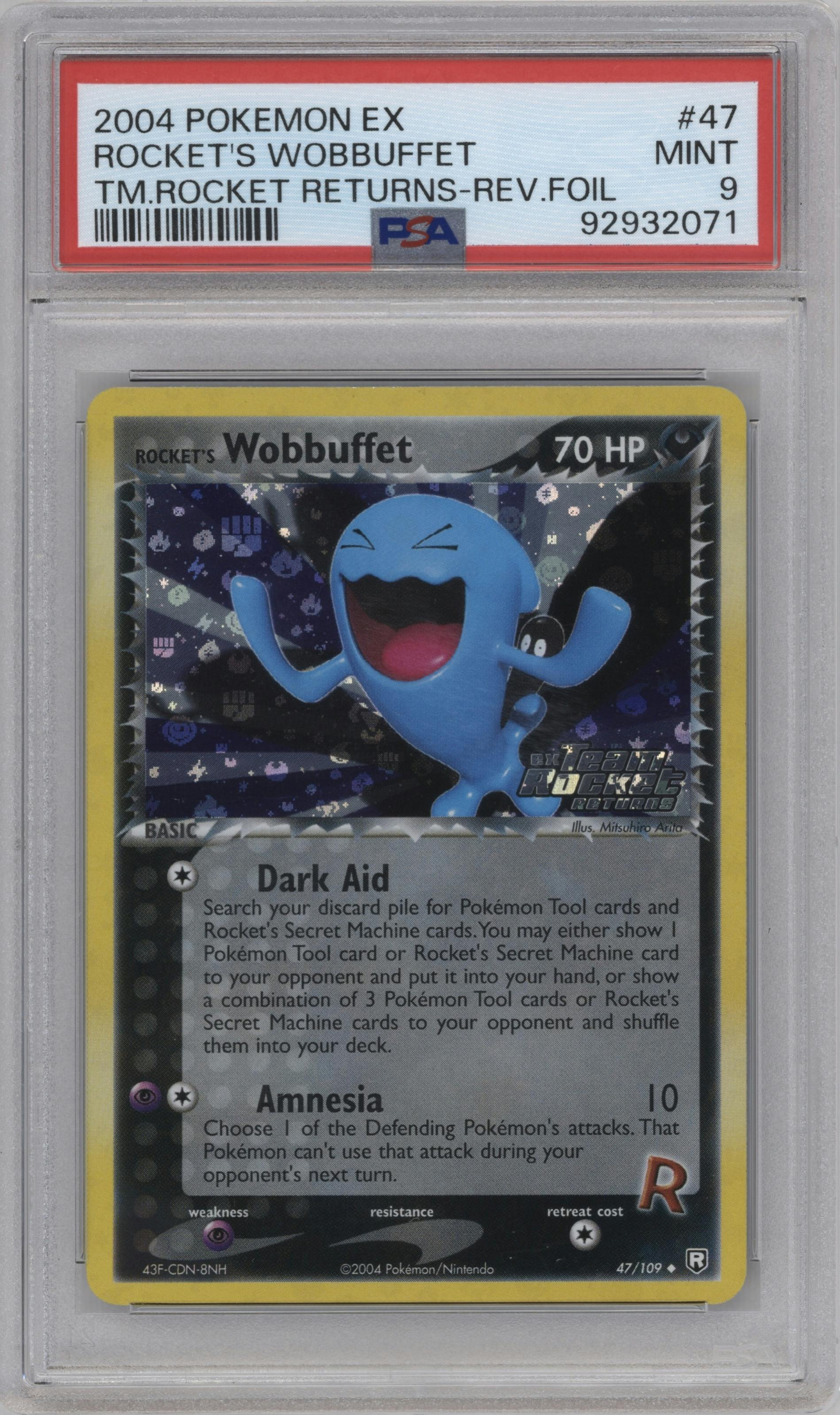 Rocket's Wobbuffet from the 2004 Pokemon EX set graded by PSA and given an overall grade of 9.