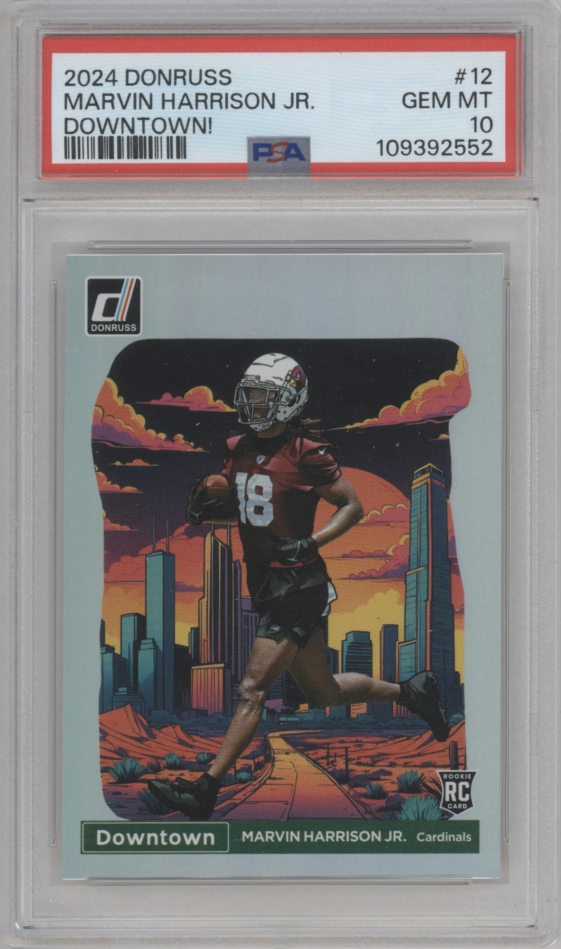 Marvin Harrison Jr. from the 2024 Donruss set graded by PSA and given an overall grade of 10.
