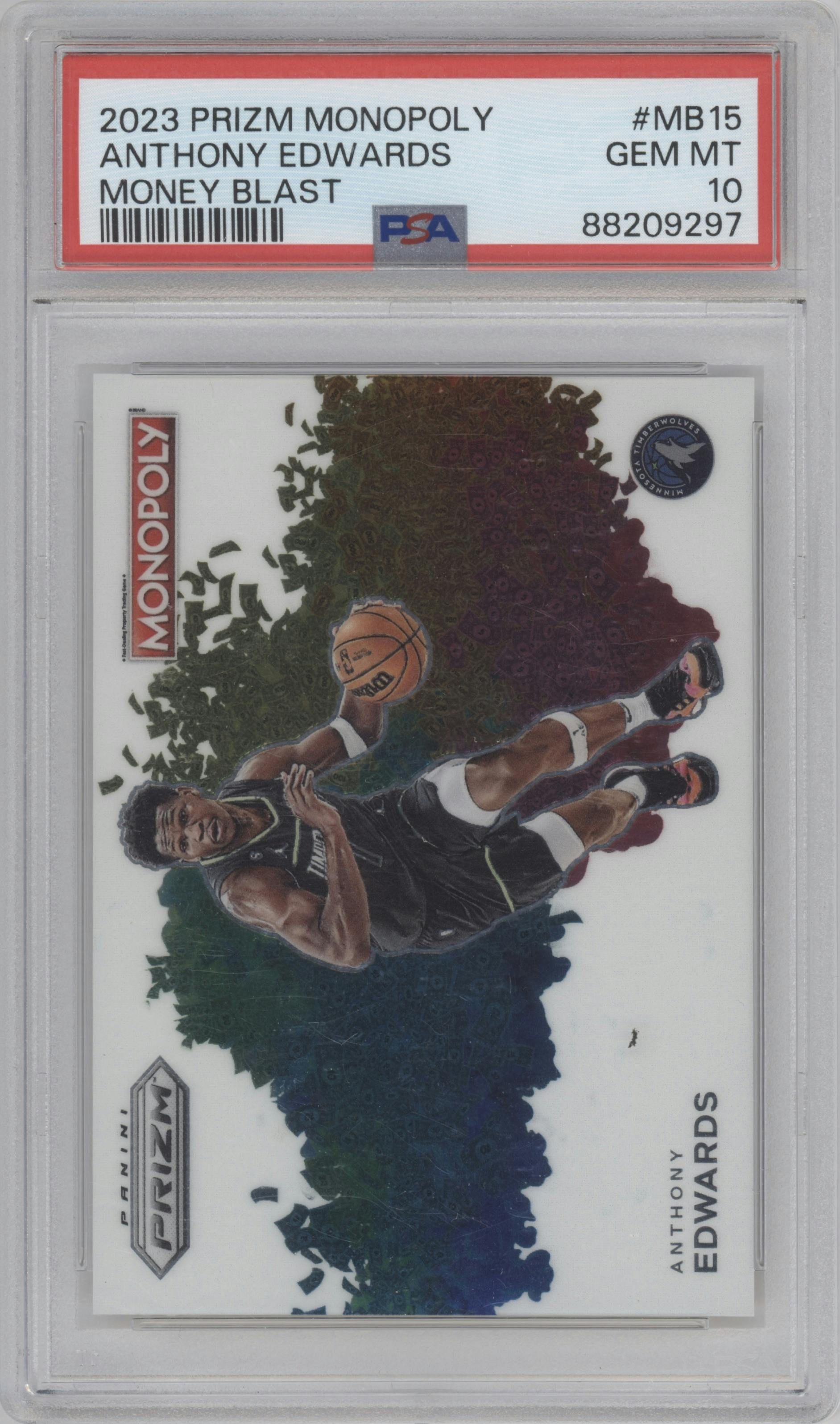Anthony Edwards from the 2023-24 Panini Prizm Monopoly set graded by PSA and given an overall grade of 10.