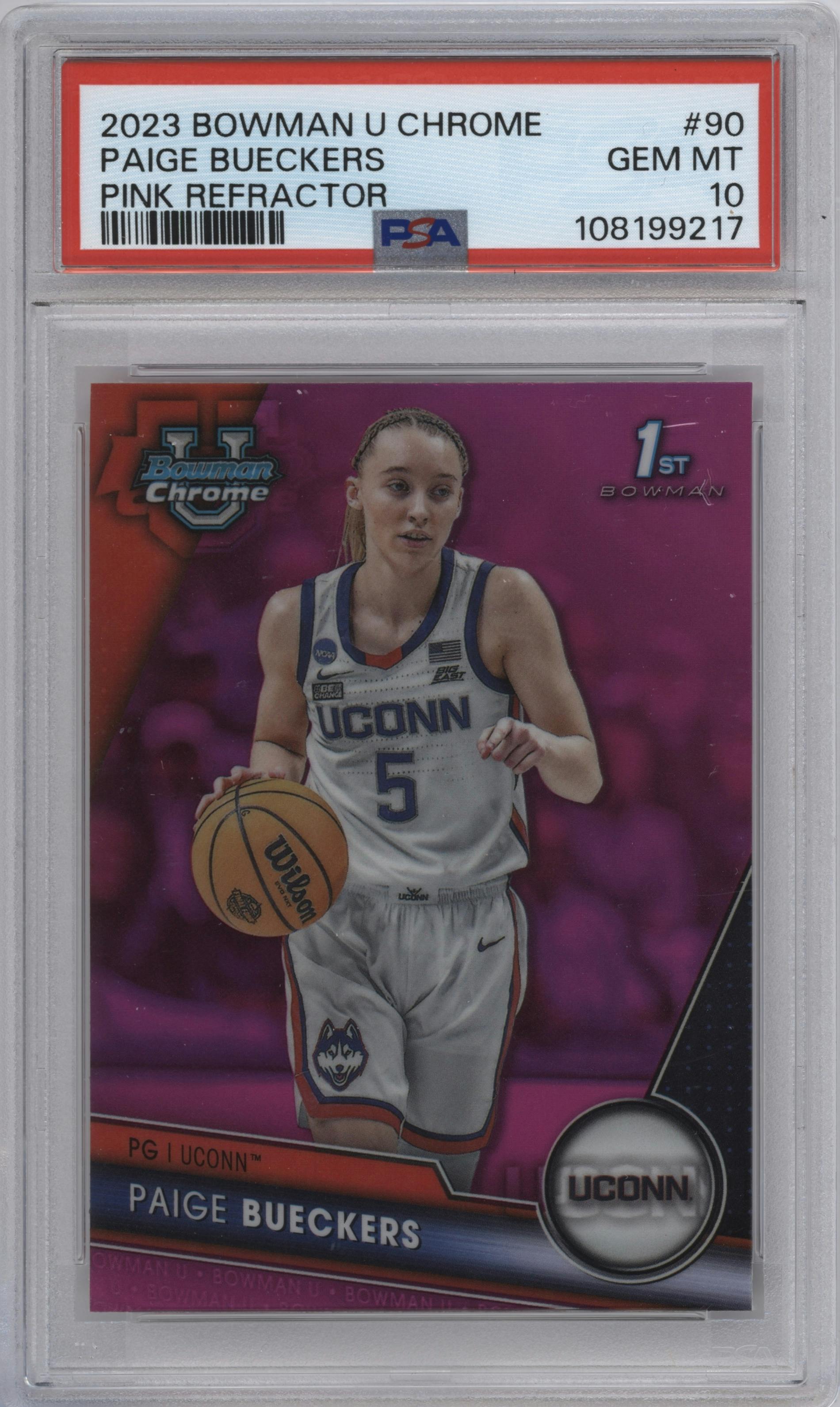 Paige Bueckers from the 2023-24 Bowman U Chrome set featuring a Pink Refractor parallel graded by PSA and given an overall grade of 10.