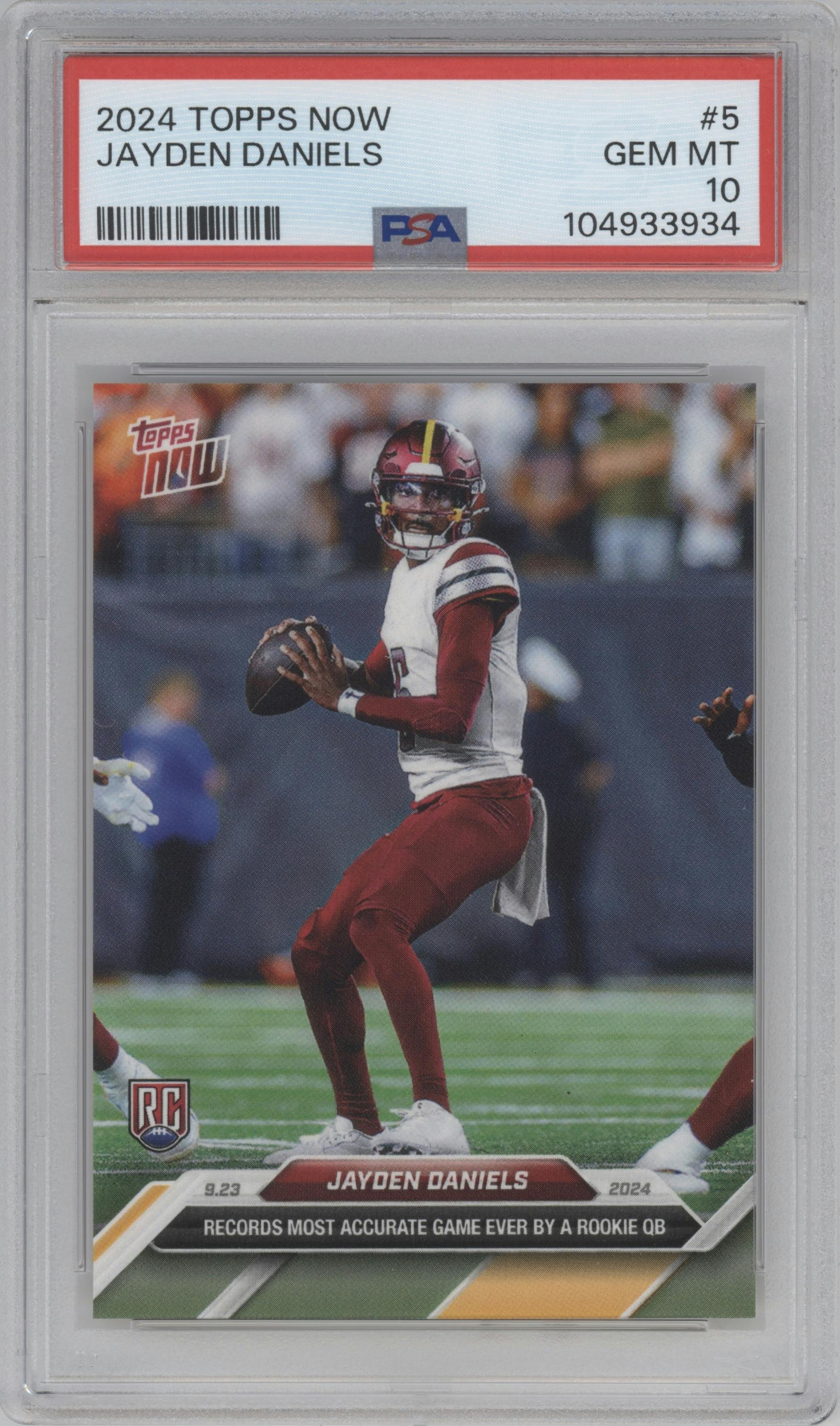 Jayden Daniels from the 2024 Topps Now set graded by PSA and given an overall grade of 10.