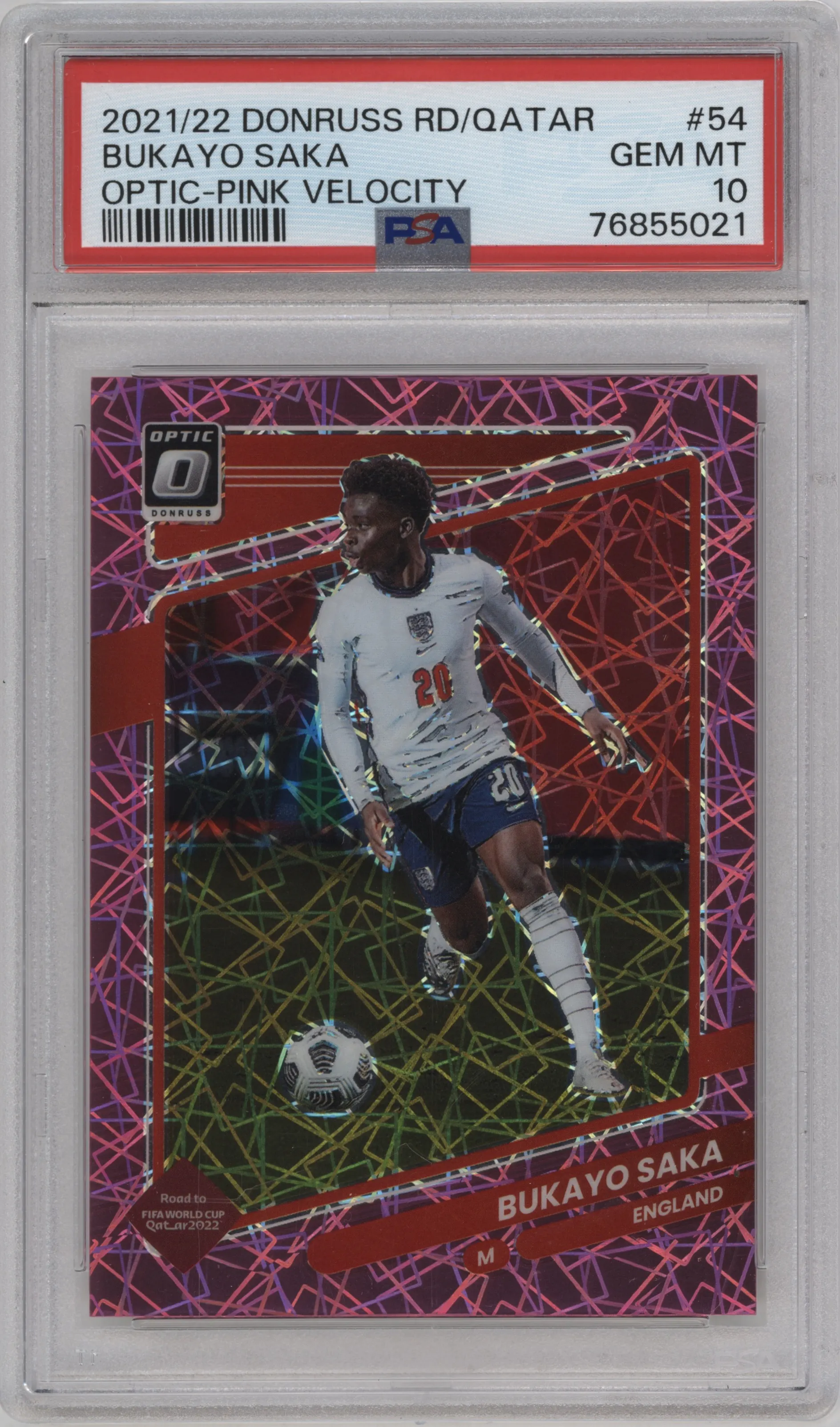 2021 Panini Donruss Road to Qatar Optic Bukayo Saka Pink Velocity PSA 10
