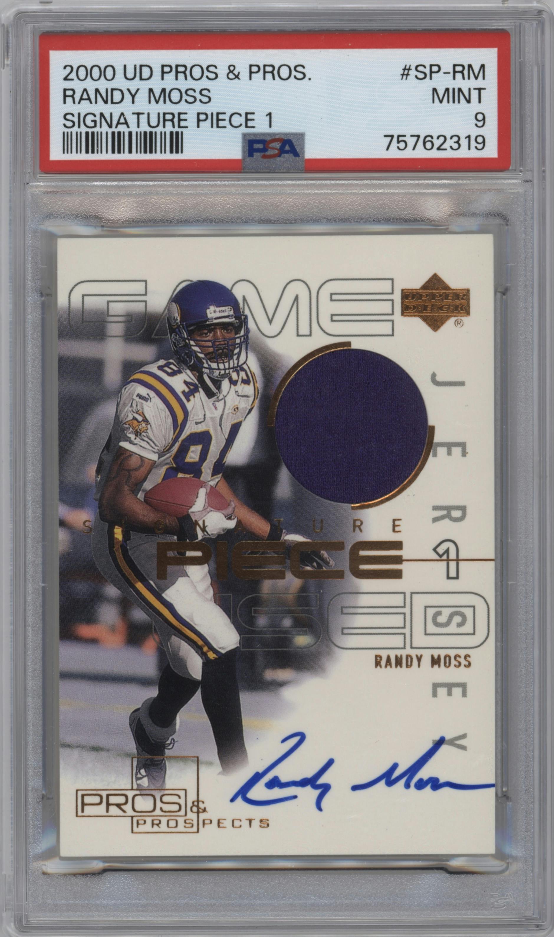 Randy Moss from the 2000 Upper Deck Pros & Prospects set graded by PSA and given an overall grade of 9.