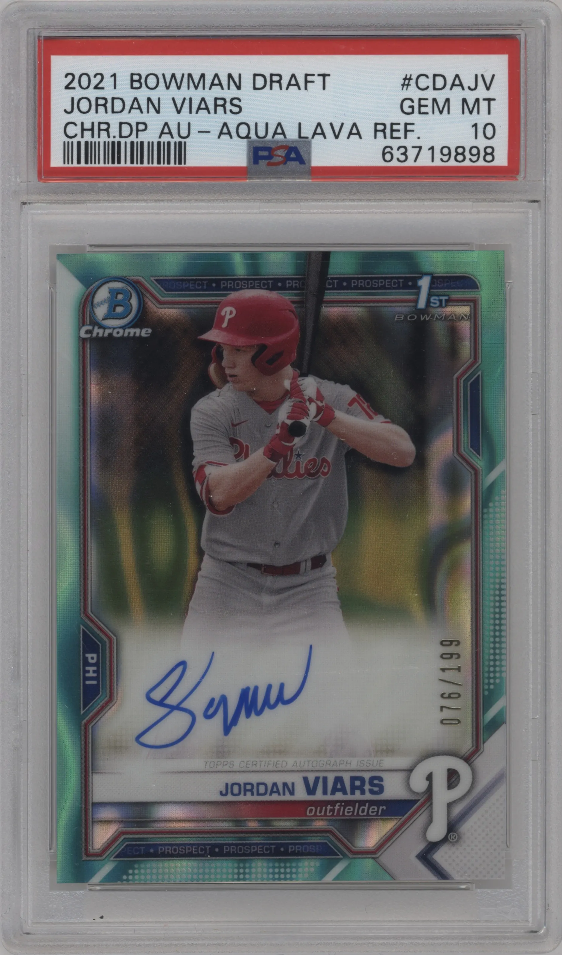 2021 Bowman Draft Chr.DP Auto Jordan Viars Aqua Lava Refractor PSA 10