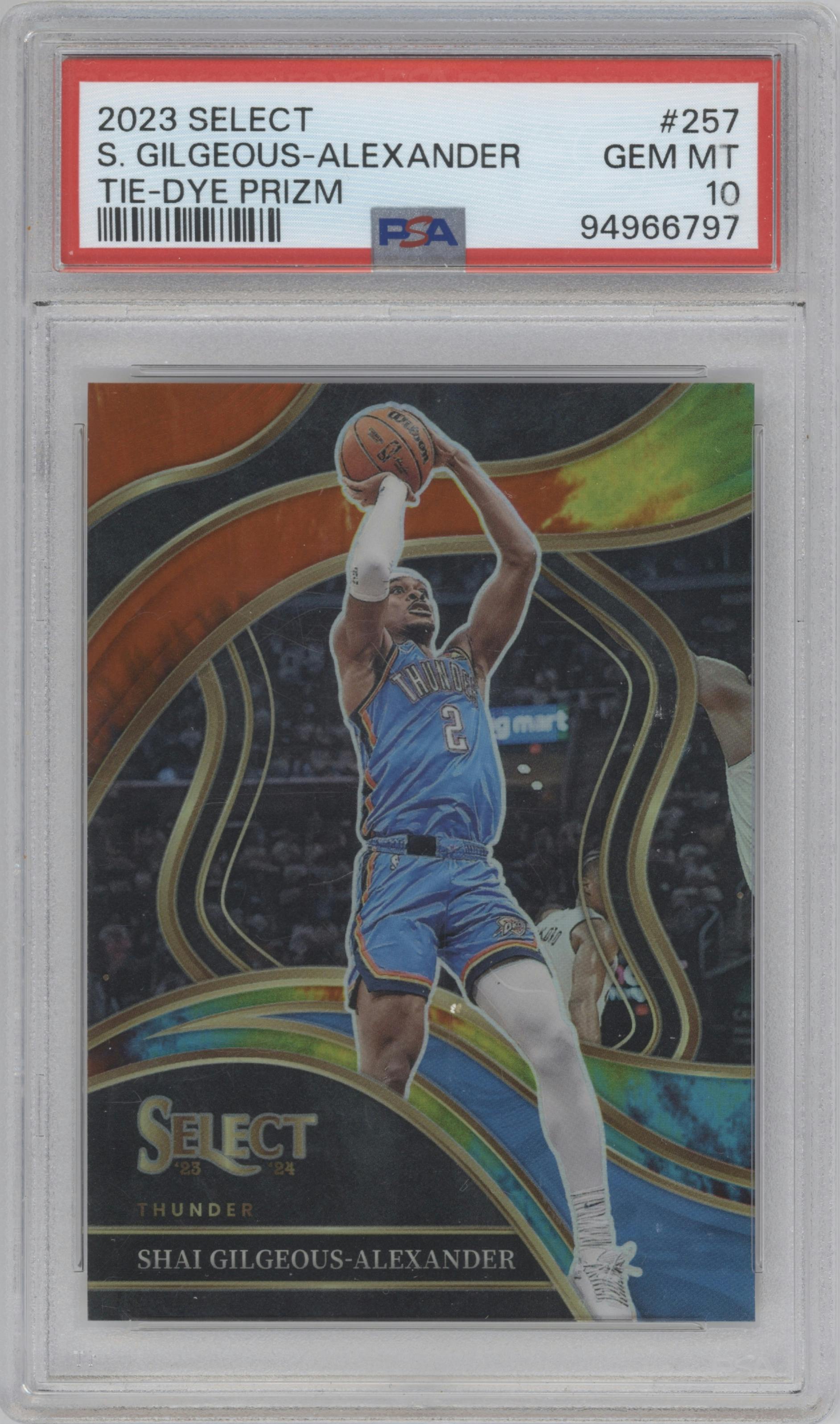 Shai Gilgeous-Alexander from the 2023-24 Panini Select  set featuring a Tie-Dye parallel graded by PSA and given an overall grade of 10.