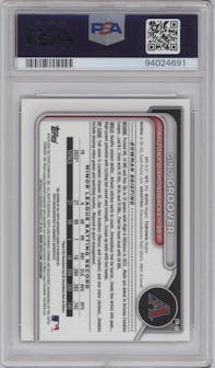 Gino Groover from the 2024 Bowman set featuring a HTA Gold Lava Refractor parallel graded by PSA and given an overall grade of 9.