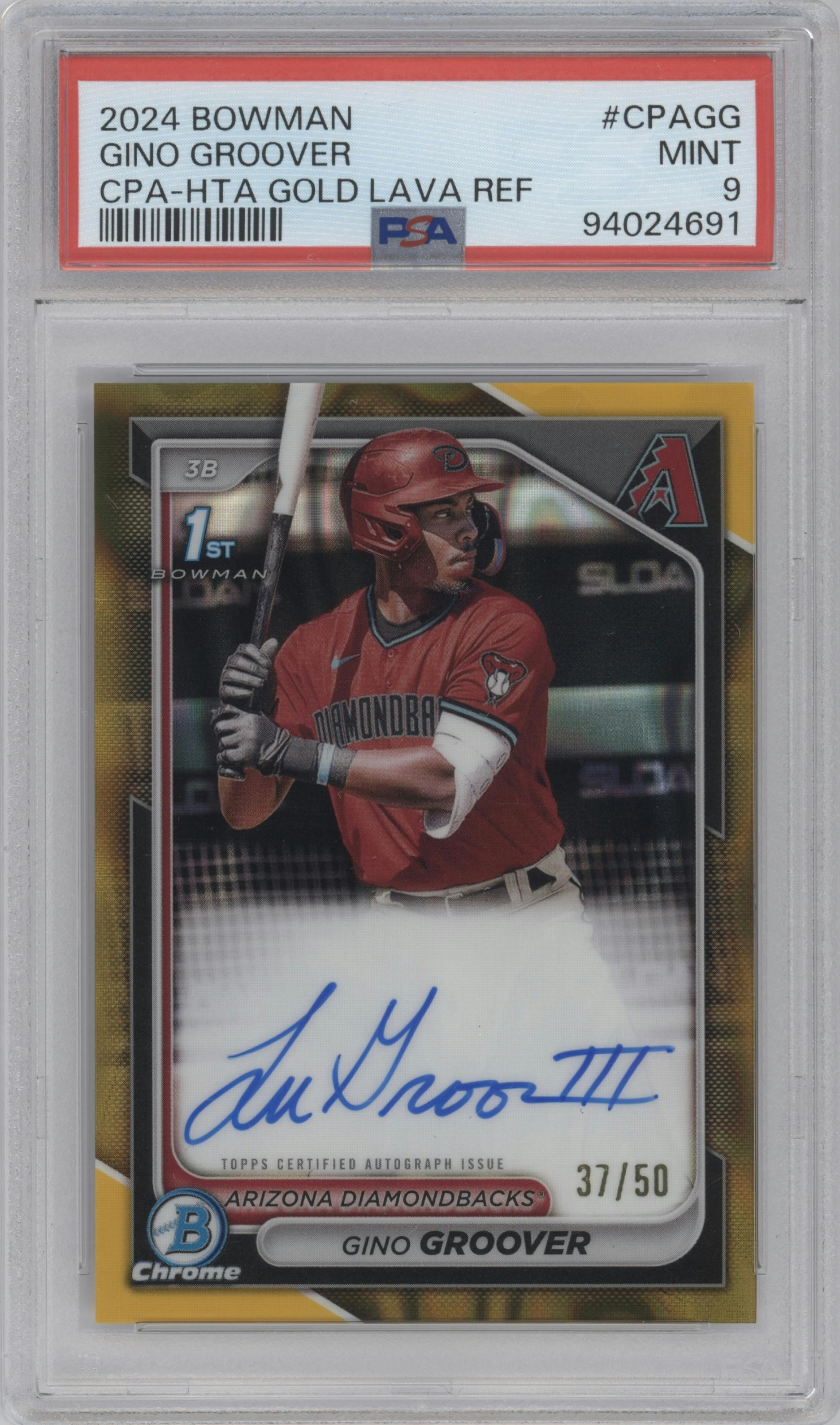 Gino Groover from the 2024 Bowman set featuring a HTA Gold Lava Refractor parallel graded by PSA and given an overall grade of 9.