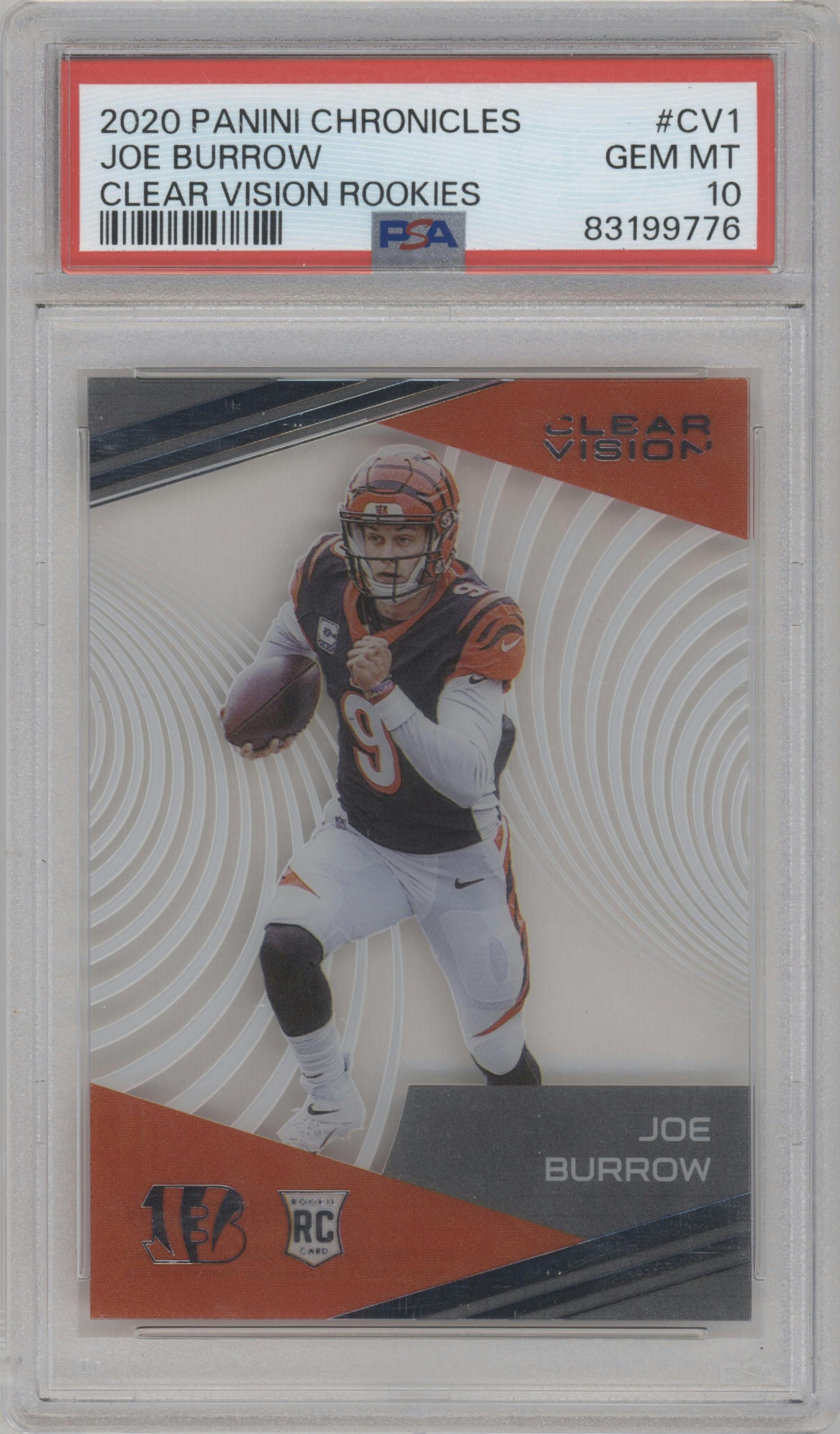 Joe Burrow from the 2020 Panini Chronicles set graded by PSA and given an overall grade of 10.