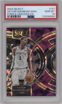 Victor Wembanyama from the 2023-24 Panini Select  set featuring a Purple Cracked Ice parallel graded by PSA and given an overall grade of 10.