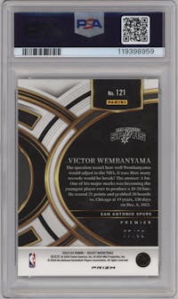 Victor Wembanyama from the 2023-24 Panini Select set featuring a Purple Cracked Ice parallel graded by PSA and given an overall grade of 10.