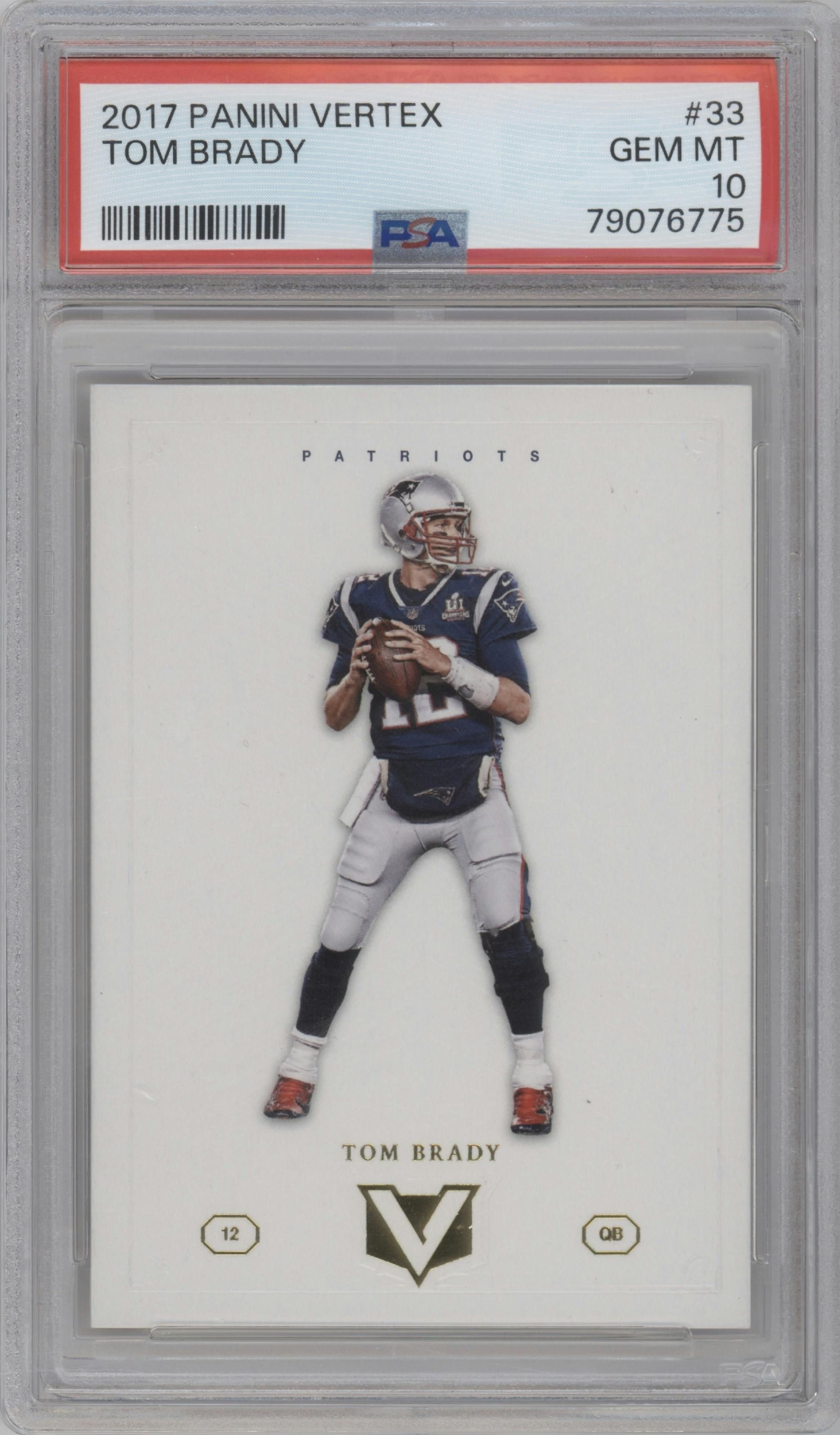 Tom Brady from the 2017 Panini Vertex set graded by PSA and given an overall grade of 10.