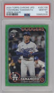Yoshinobu Yamamoto from the 2024 Topps Chrome Update set featuring a Green Wave Refractor parallel graded by PSA and given an overall grade of 10.