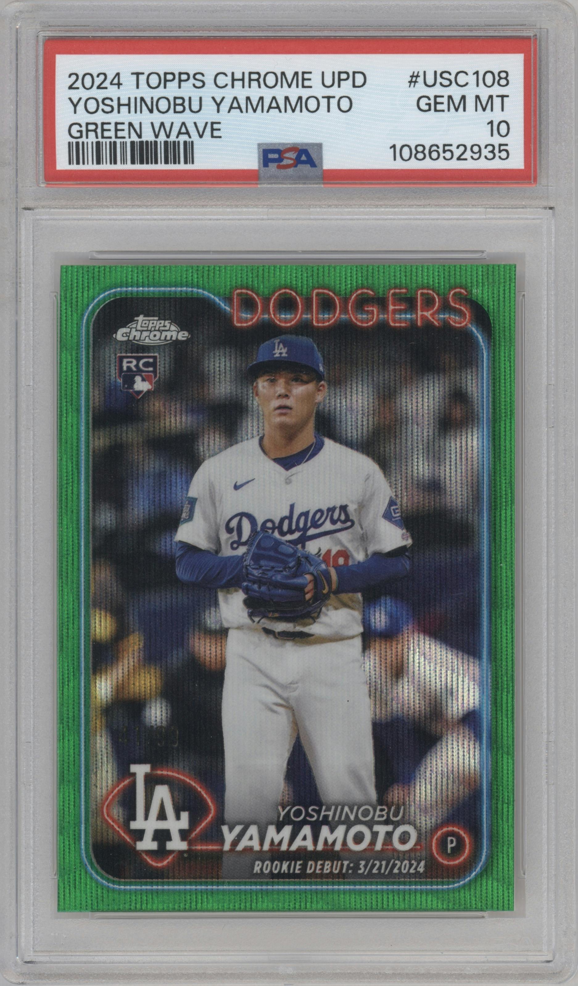 Yoshinobu Yamamoto from the 2024 Topps Chrome Update set featuring a Green Wave Refractor parallel graded by PSA and given an overall grade of 10.