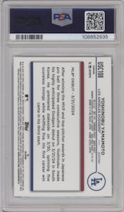 Yoshinobu Yamamoto from the 2024 Topps Chrome Update set featuring a Green Wave Refractor parallel graded by PSA and given an overall grade of 10.