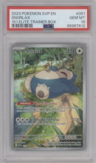 Snorlax from the 2023 Pokemon SV set featuring a Scarlet & Violet 151 Elite Trainer Box parallel graded by PSA and given an overall grade of 10.