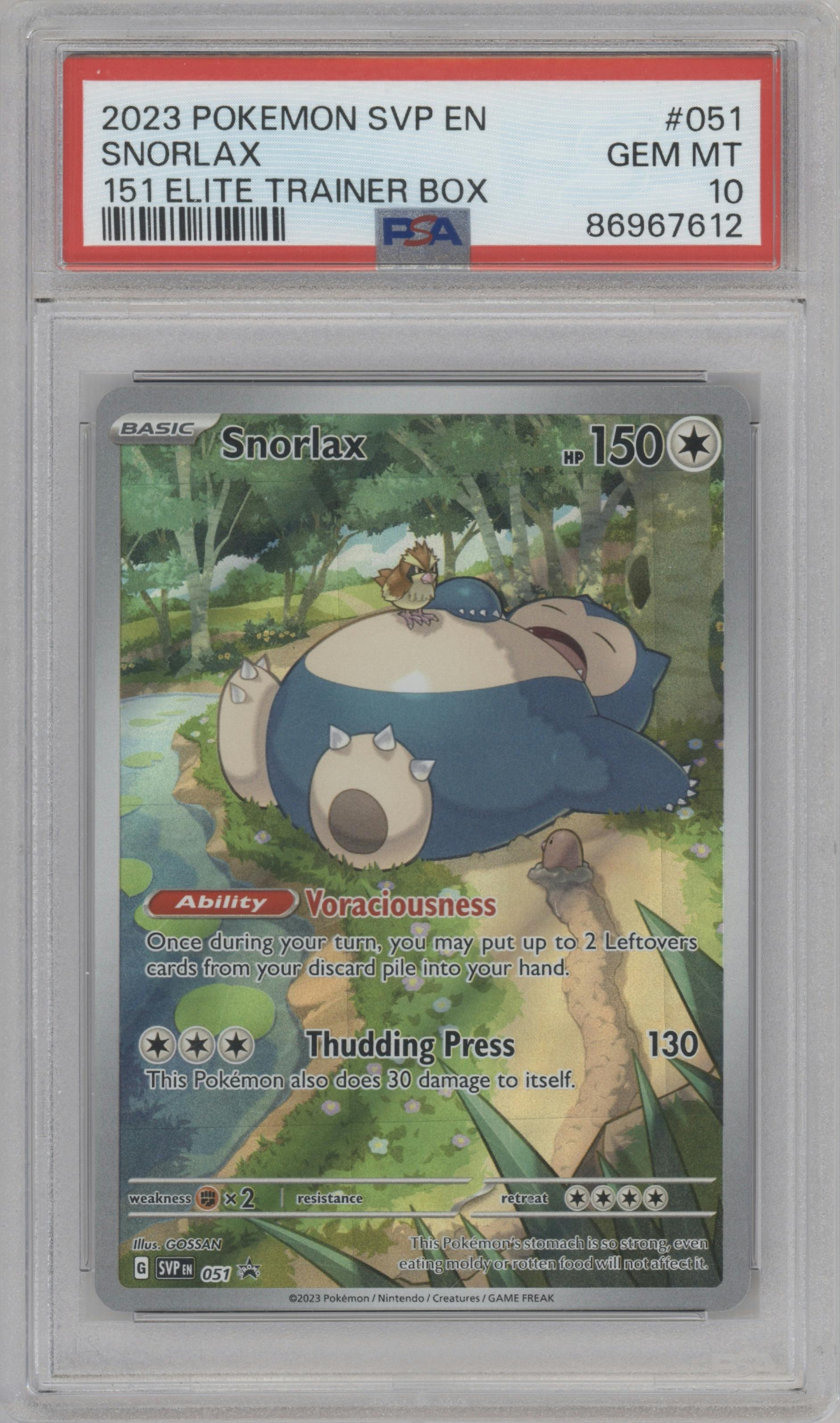 Snorlax from the 2023 Pokemon SV set featuring a Scarlet & Violet 151 Elite Trainer Box parallel graded by PSA and given an overall grade of 10.