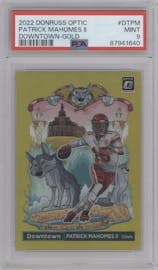 Patrick Mahomes II from the 2022 Panini Donruss Optic set featuring a Gold parallel graded by PSA and given an overall grade of 9.