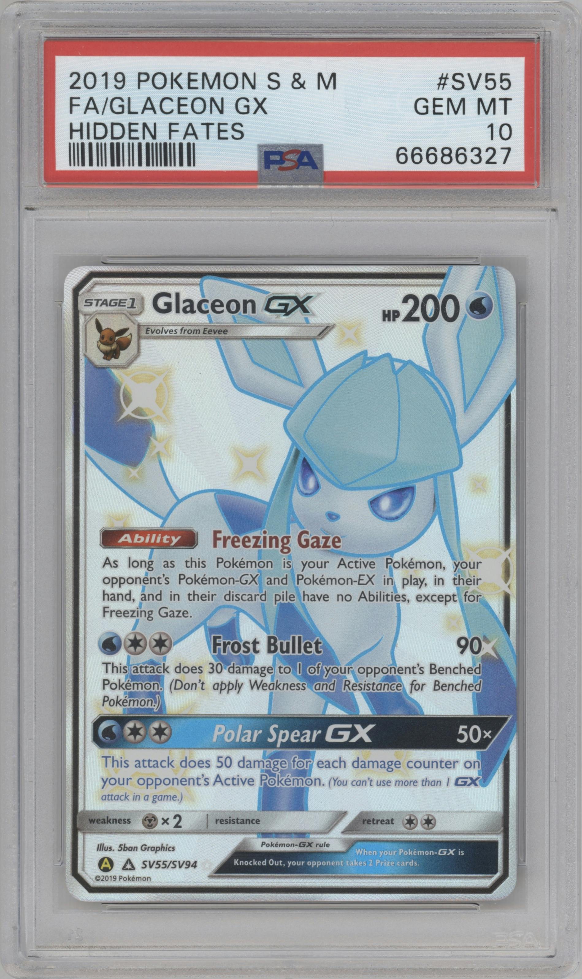 Glaceon GX from the 2019 Pokemon S&M  set graded by PSA and given an overall grade of 10.