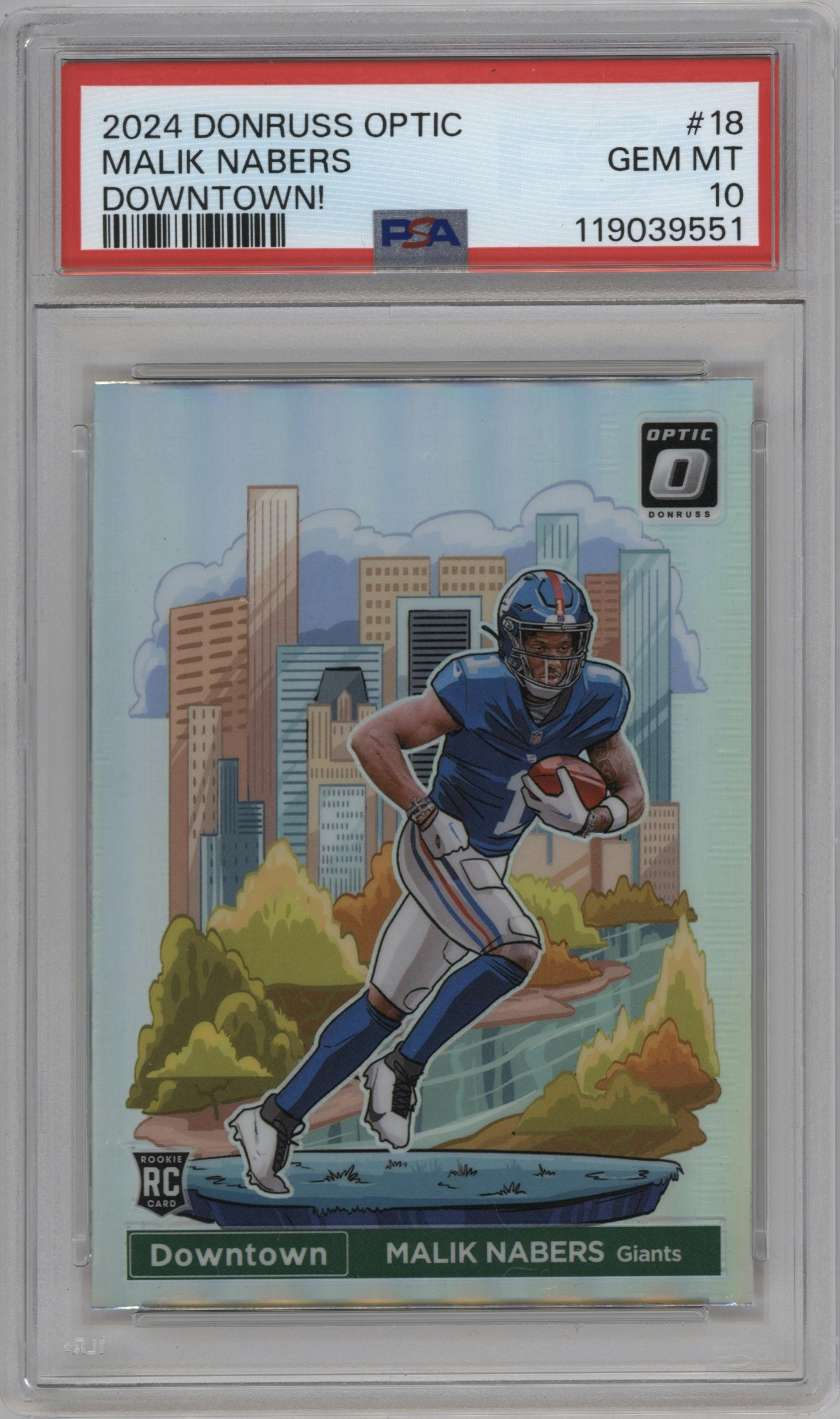 Malik Nabers from the 2024 Donruss Optic set graded by PSA and given an overall grade of 10.