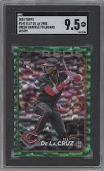 Elly De La Cruz from the 2024 Topps  set featuring a Green Crackle Foil parallel graded by SGC and given an overall grade of 9.5.