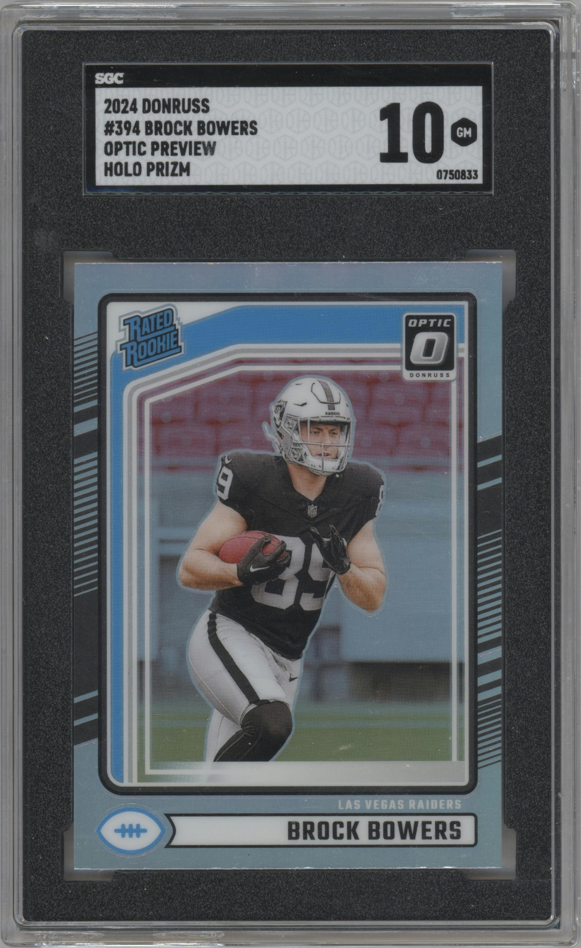 Brock Bowers from the 2024 Donruss set featuring a Holo parallel graded by SGC and given an overall grade of 10.