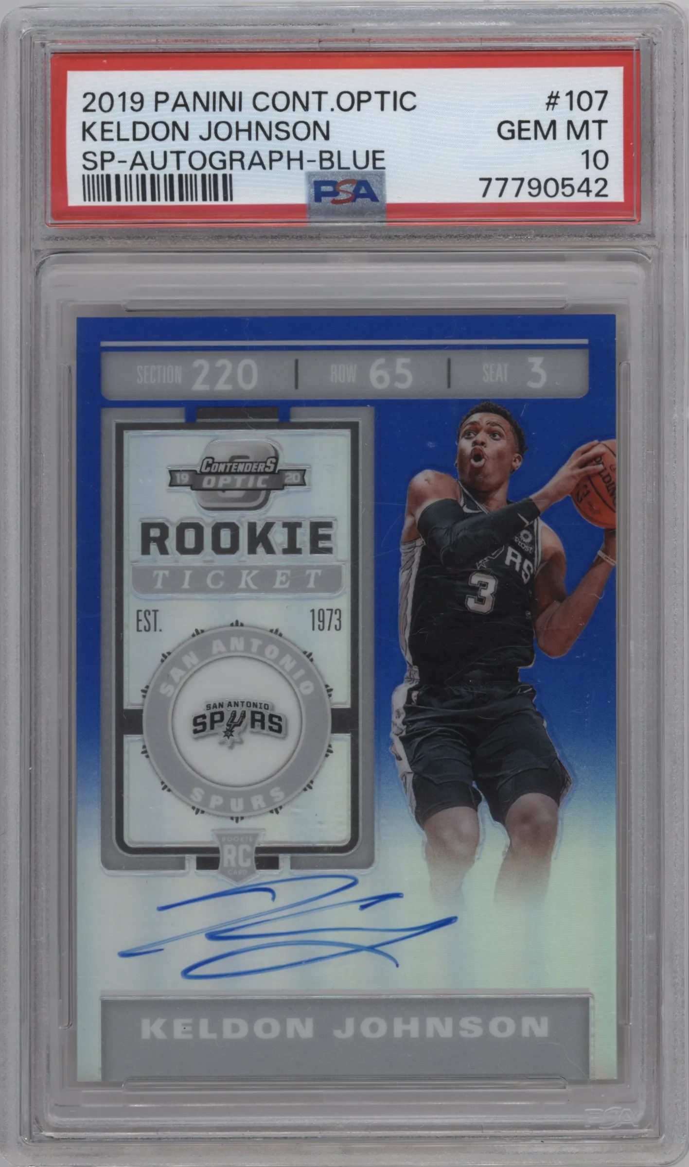 2019 Panini Contenders Optic Rke.Tkt.Var. Keldon Johnson Blue #107 PSA 10
