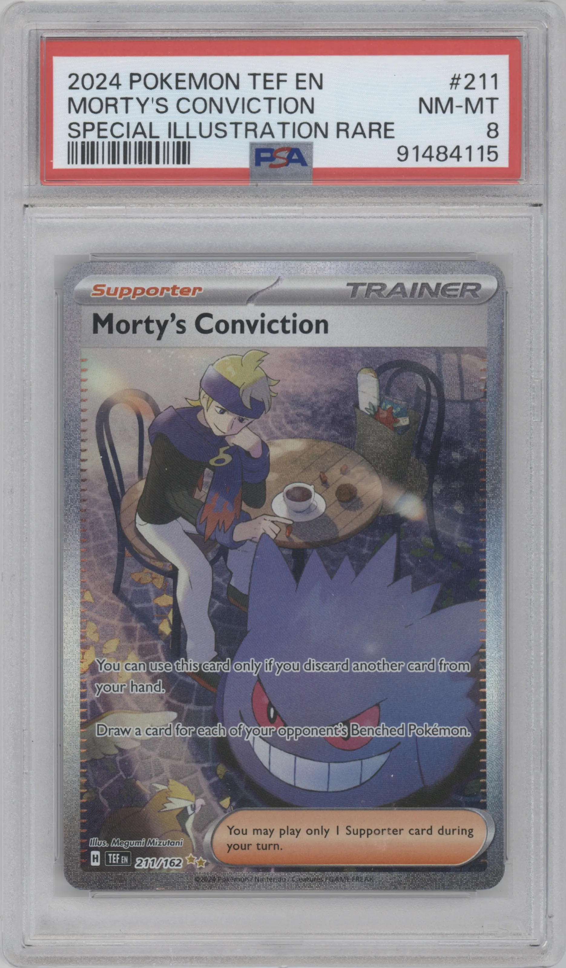 Morty's Conviction from the 2024 Pokemon SV set graded by PSA and given an overall grade of 8.