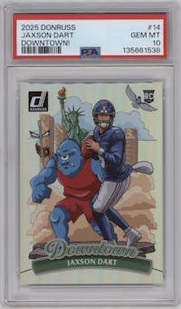 Jaxson Dart from the 2025 Panini Donruss set graded by PSA and given an overall grade of 10.