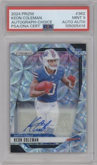 Keon Coleman from the 2024 Panini Prizm set featuring a Choice parallel graded by PSA and given an overall grade of 9.