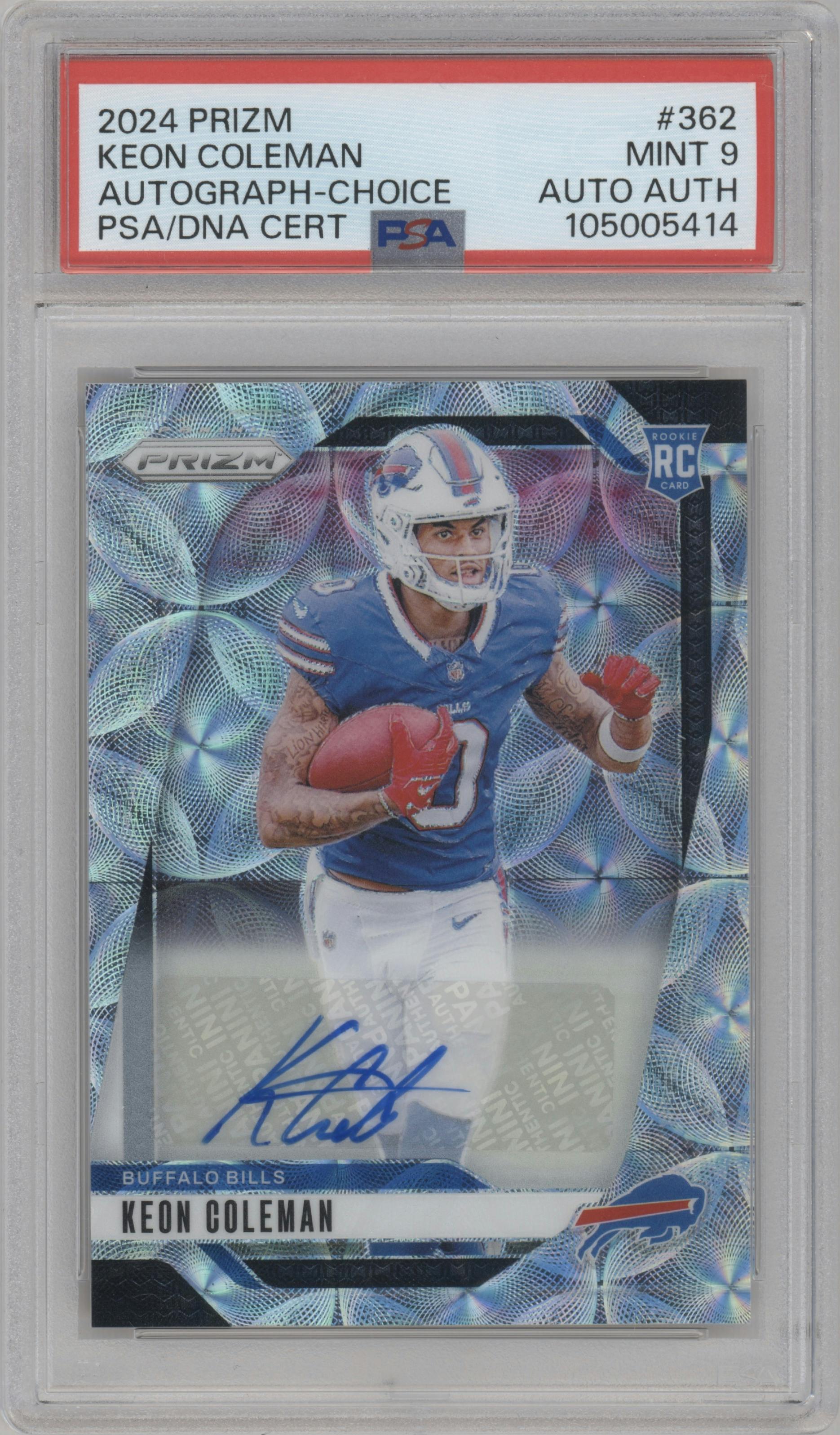 Keon Coleman from the 2024 Panini Prizm set featuring a Choice parallel graded by PSA and given an overall grade of 9.