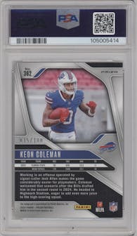Keon Coleman from the 2024 Panini Prizm set featuring a Choice parallel graded by PSA and given an overall grade of 9.